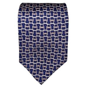 Paul Fredrick Mens Tie Silk Blue Equestrian Geometric Hand Made USA 3.5x60”